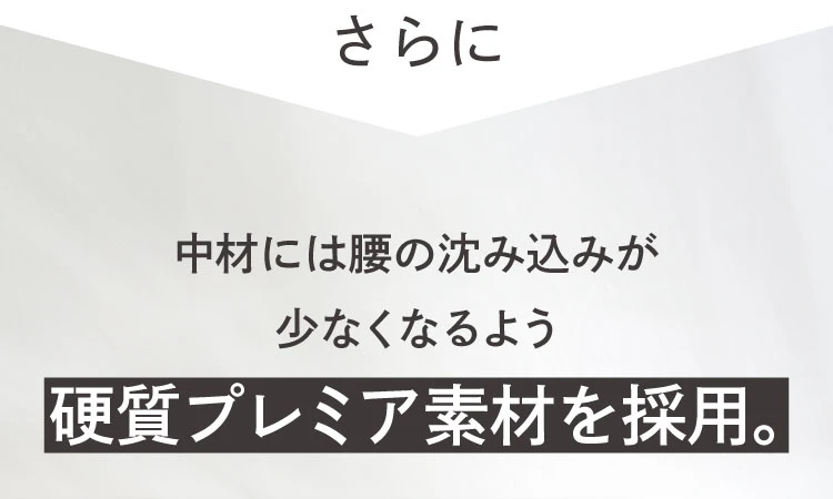 中材には腰の沈み込みがすくなくなるよう硬質プレミアム素材を採用