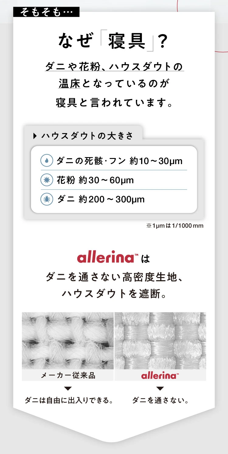 ダニや花粉、ハウスダストの温床となっているのが寝具と言われています