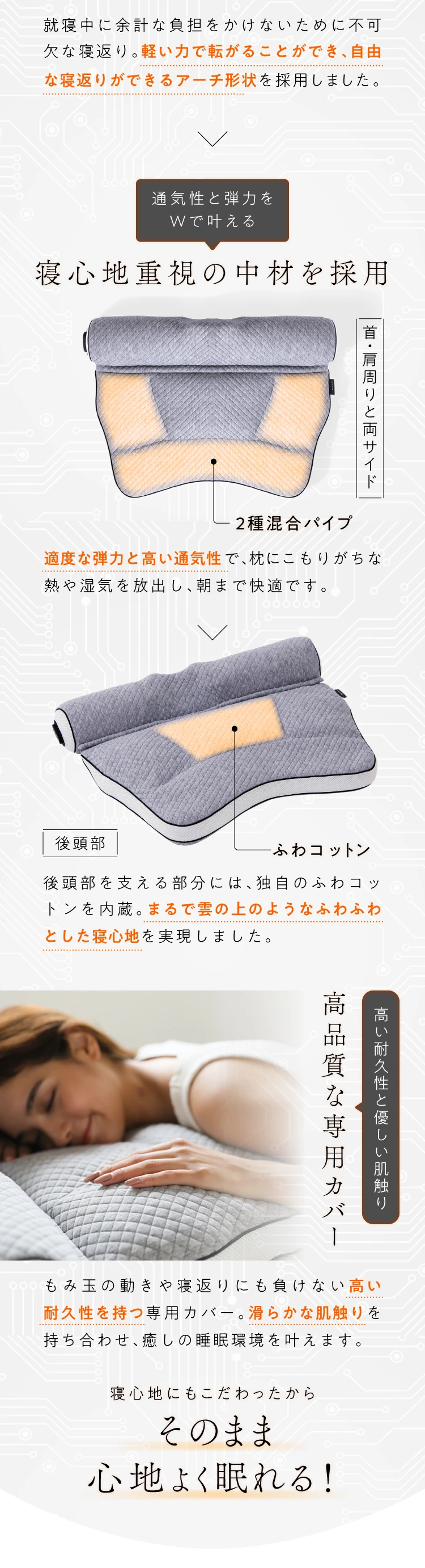 寝心地重視の中材、高品質な専用カバーを採用して、そのまま心地よく眠れるように