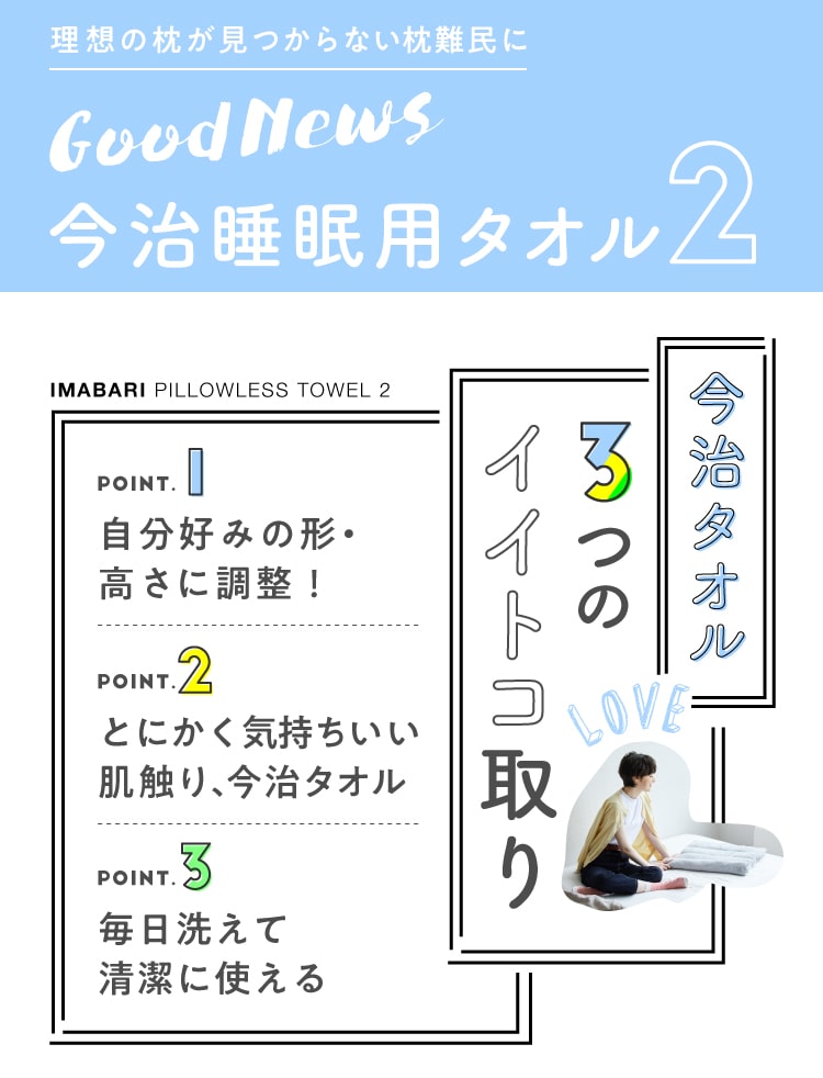 今治タオルの3つのイイトコ取り　1.自分好みの形に調整できる　2.気持ちいい肌触り最高級　3.毎日洗えて清潔