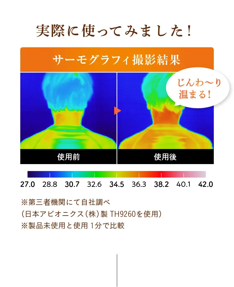 実際に使ってみた使用前と使用後でのサーモグラフィの撮影結果からもじんわ～り温まっていることが分かります