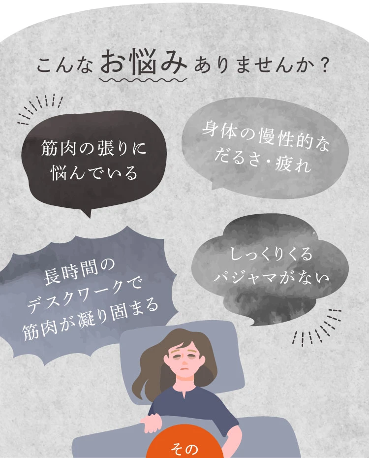 筋肉の張り…身体の慢性的なだるさ・疲れ…長時間のデスクワークで筋肉が凝り固まる…しっくりくるパジャマがない…こんなお悩みありませんか？