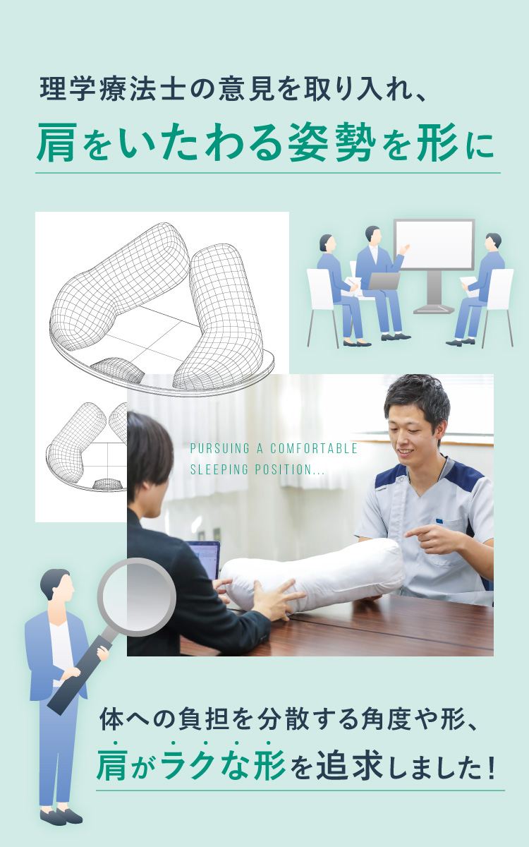 理学療法士の意見を取り入れ、肩をいたわる姿勢を形に