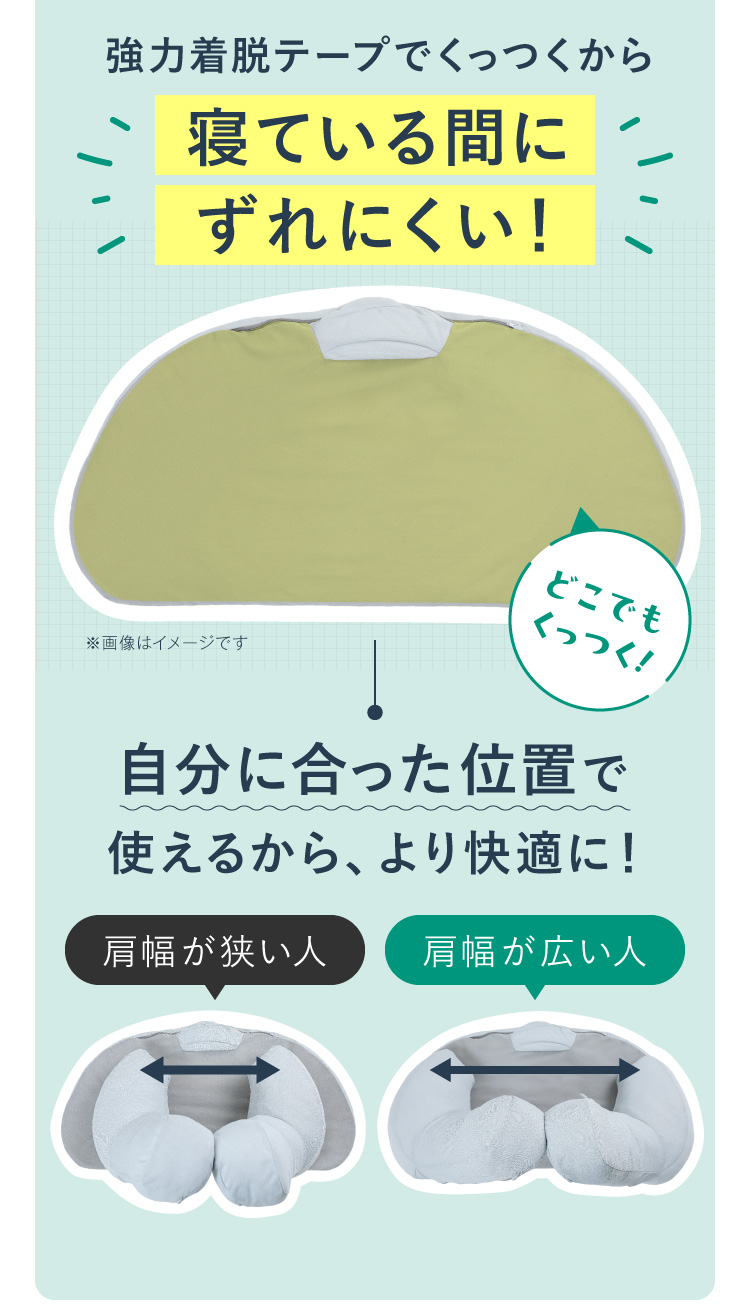 強力着脱テープでくっつくから寝ている間にずれにくい！