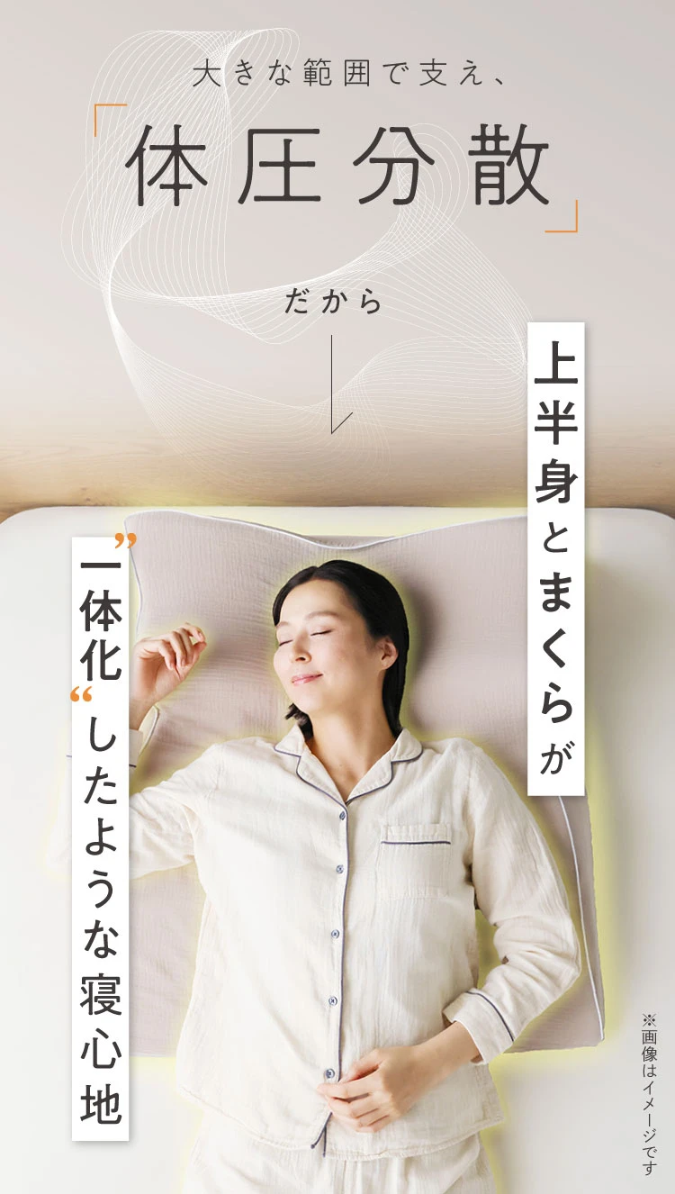 大きな範囲で支え体圧分散 だから 上半身とまくらが一体化したような寝心地