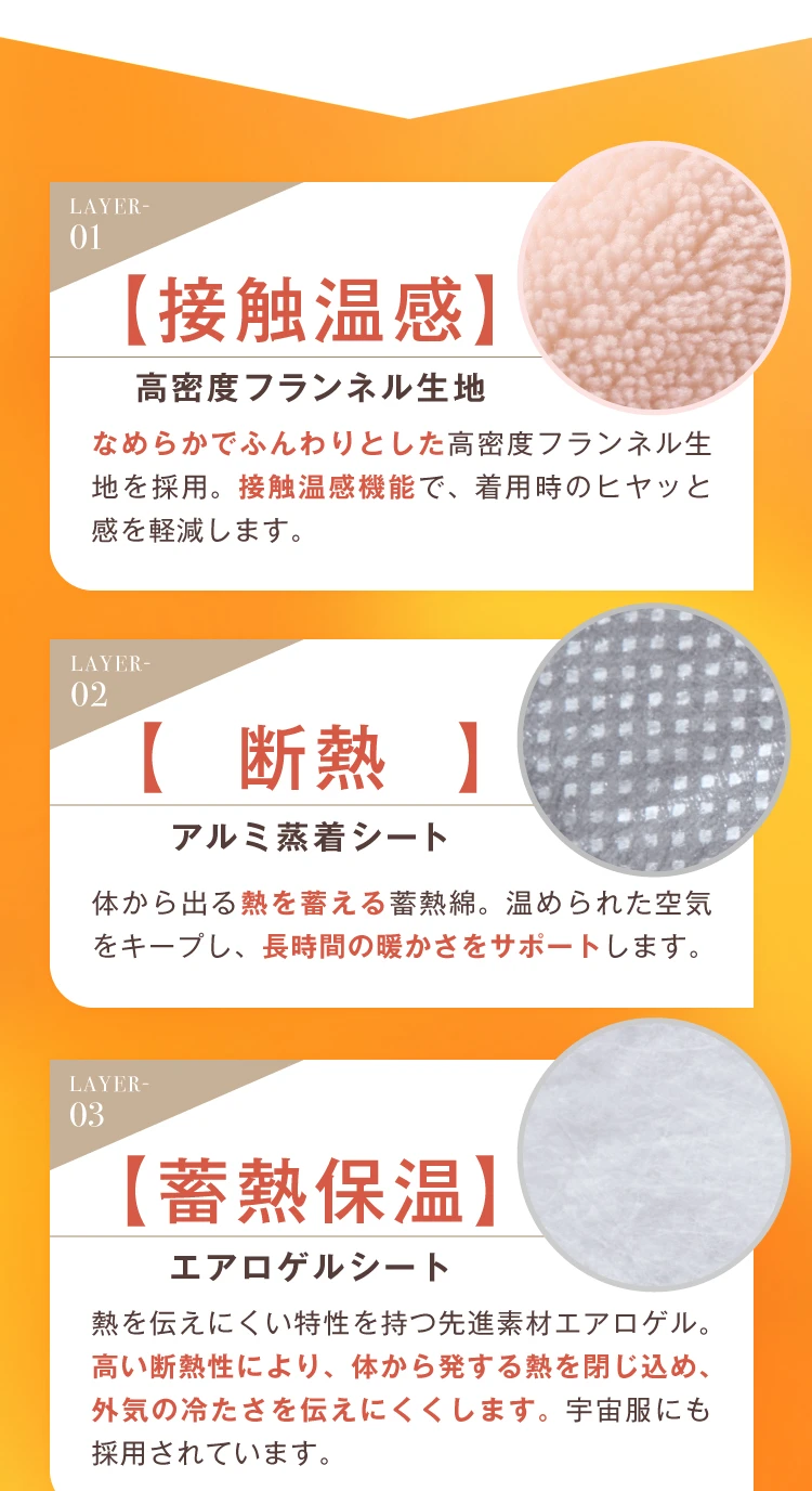 レイヤー01接触温感,02断熱,03蓄熱保温