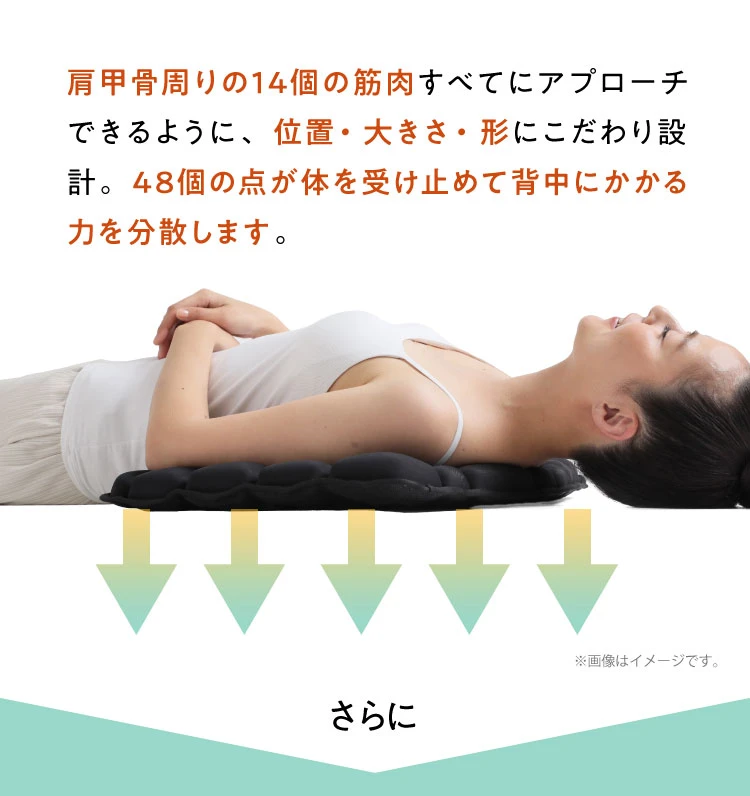 肩甲骨周りの14個の筋肉すべてにアプローチできるよう、位置や大きさ、形にこだわり設計。48個の点が受け止めてせなかにかかる力を分散します。