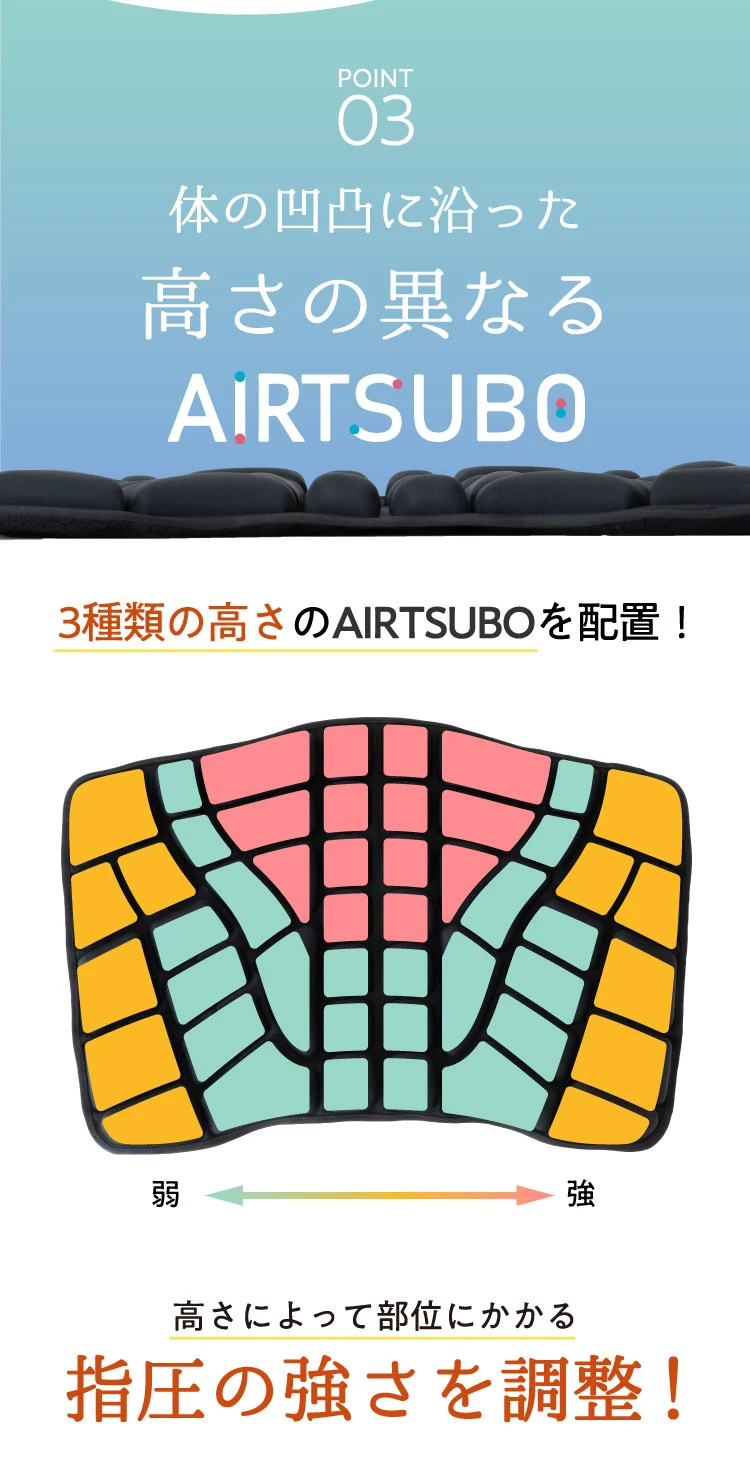3種類の高さのエアつぼを配置し、高さによって部位にかかる指圧の強さを調整！