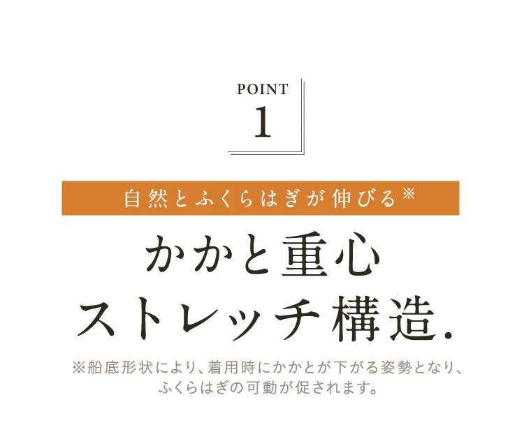 POINT.1 自然とふくらはぎが伸びるかかと重心ストレッチ構造